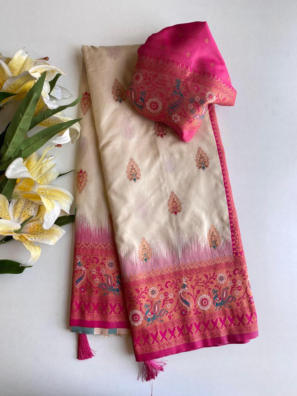 Ravishing Paithani Silk Cream Color Zari Weaves Saree