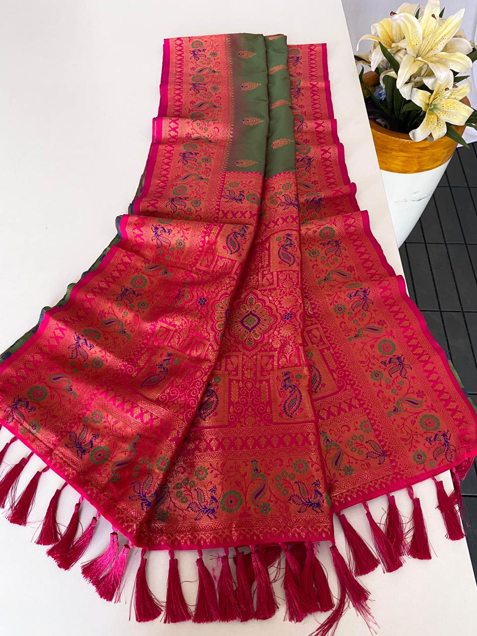 Ravishing Paithani Silk Mehndi Color Zari Weaves Saree