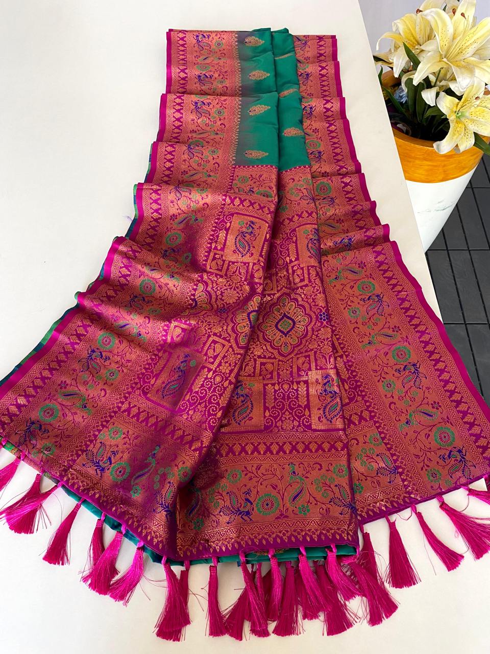 Ravishing Paithani Silk Teal Blue Color Zari Weaves Saree