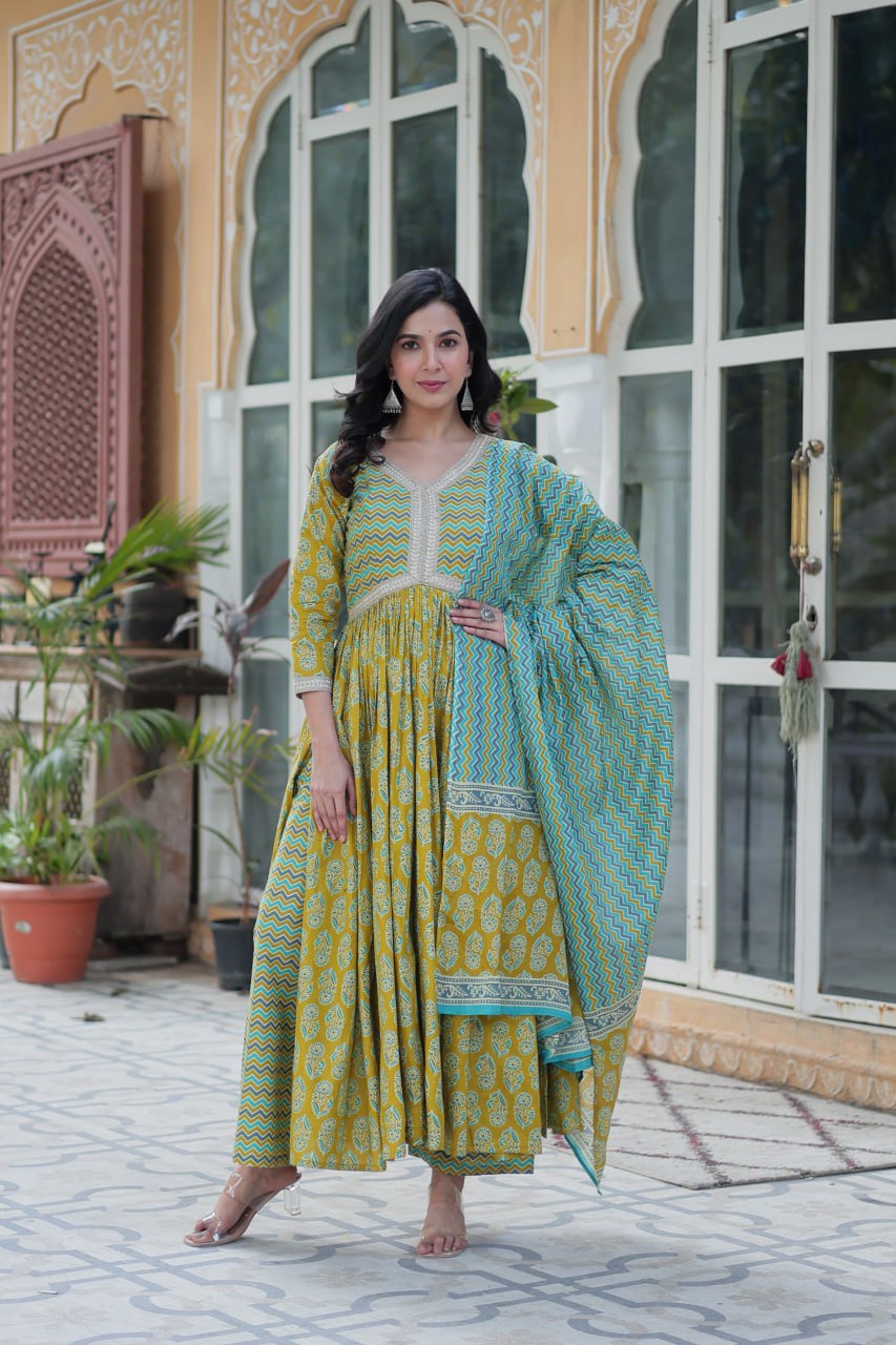 Designer Cotton Lemon Green Color Salwar Suit