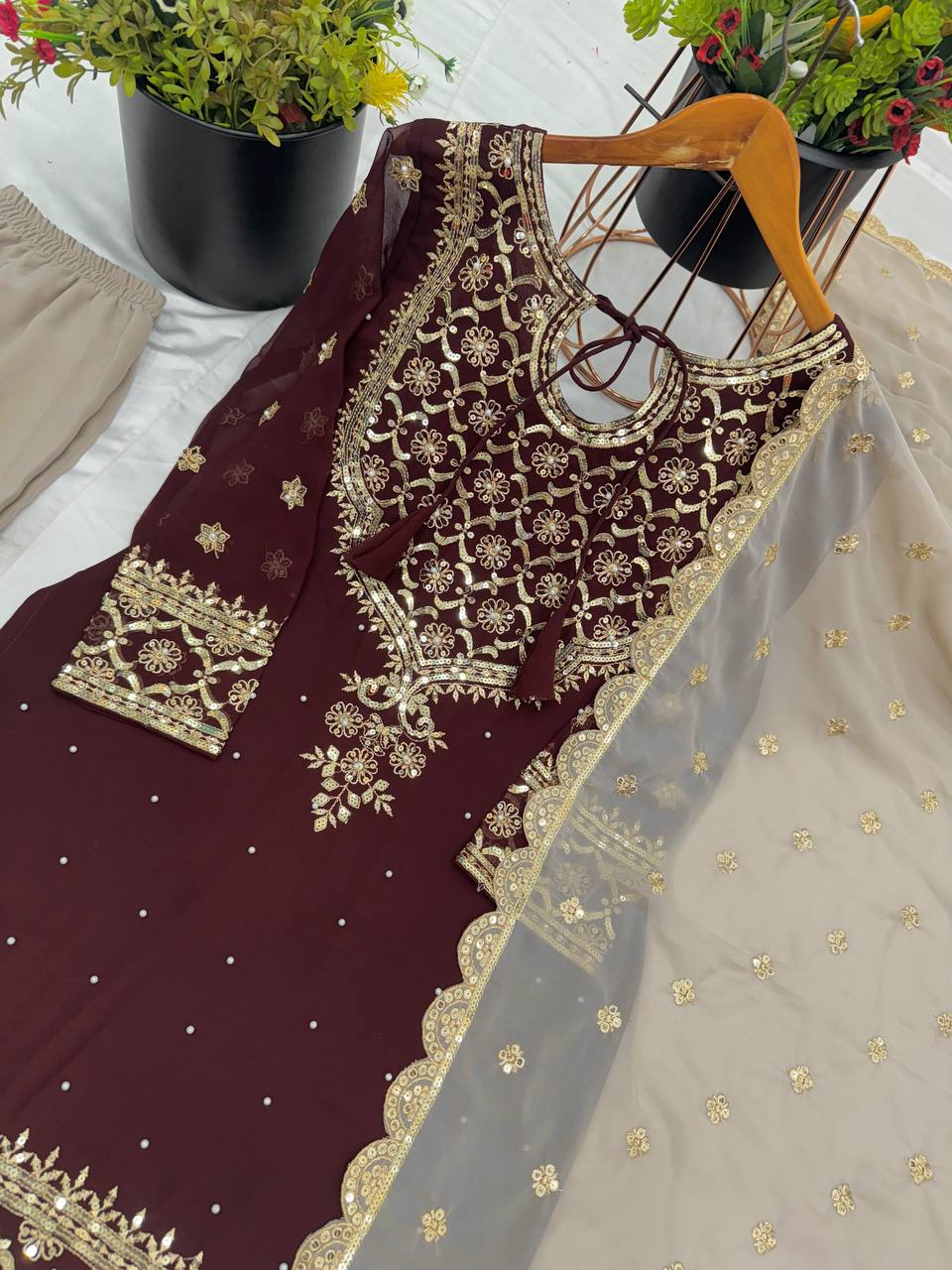 Presenting Embroidery Sequence Work Maroon Color Sharara Suit