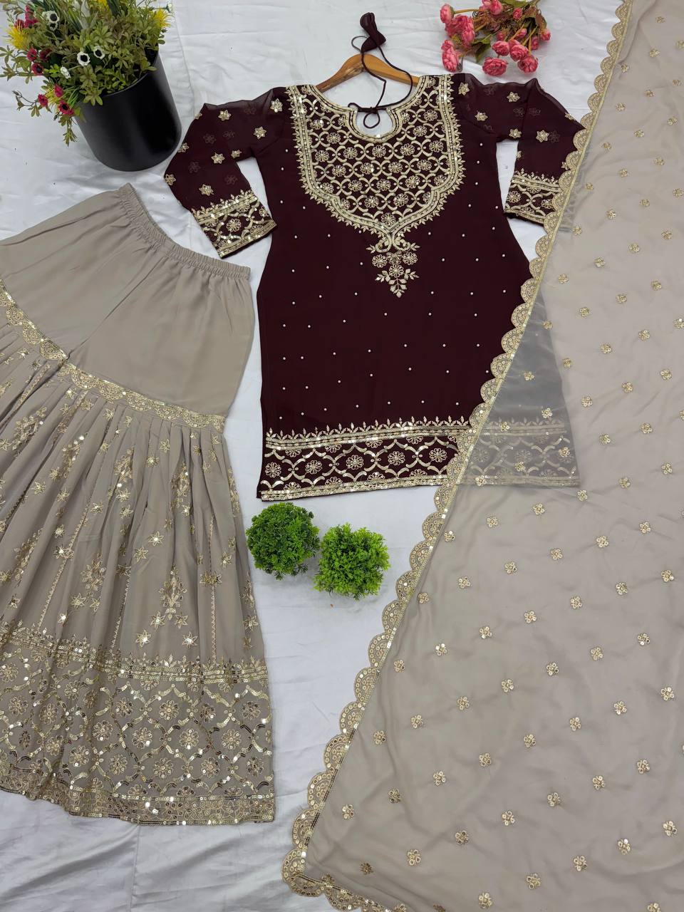 Presenting Embroidery Sequence Work Maroon Color Sharara Suit