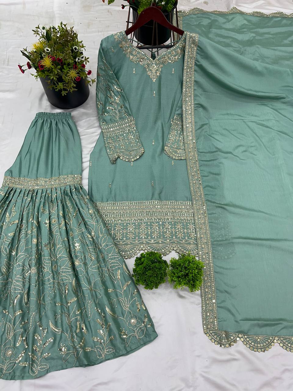 Good Looking Embroidery Work Rama Color Sharara Suit