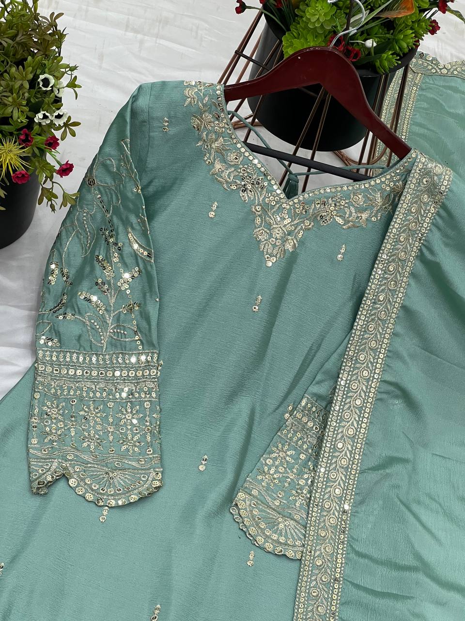 Good Looking Embroidery Work Rama Color Sharara Suit
