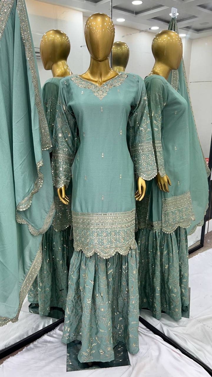 Good Looking Embroidery Work Rama Color Sharara Suit