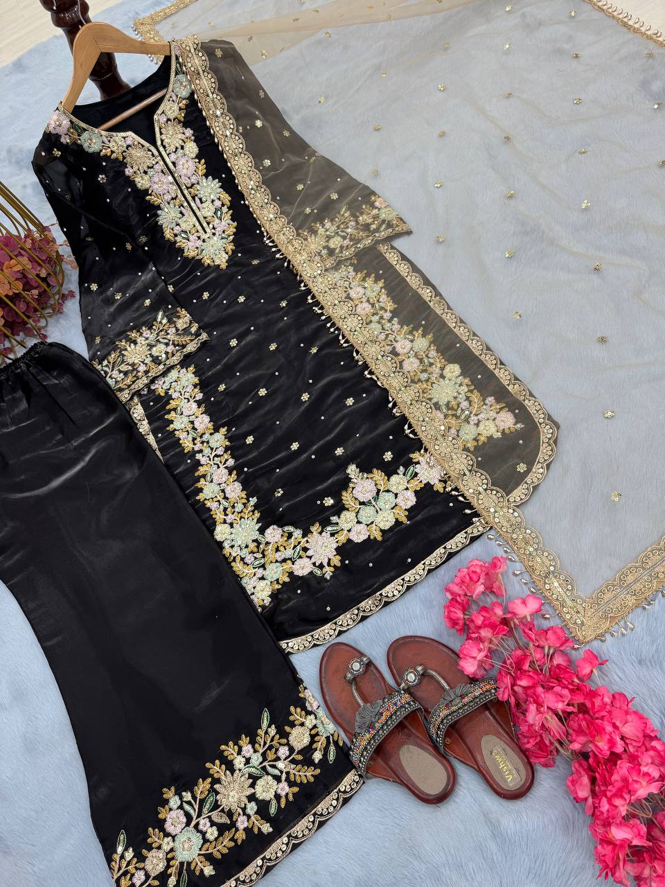 Elegant Jimmy Choo Sequence Work Black Color Palazzo Suit