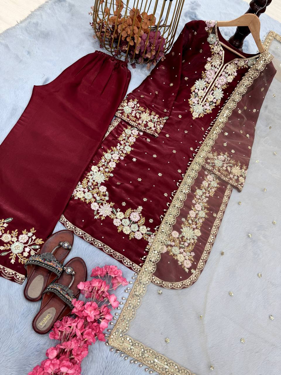 Elegant Jimmy Choo Sequence Work Maroon Color Palazzo Suit