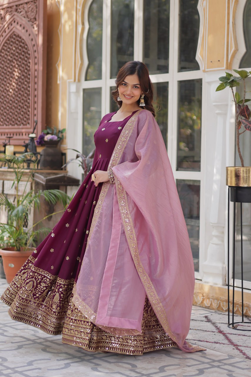 Designer Embroidery Work Wine Color Gown