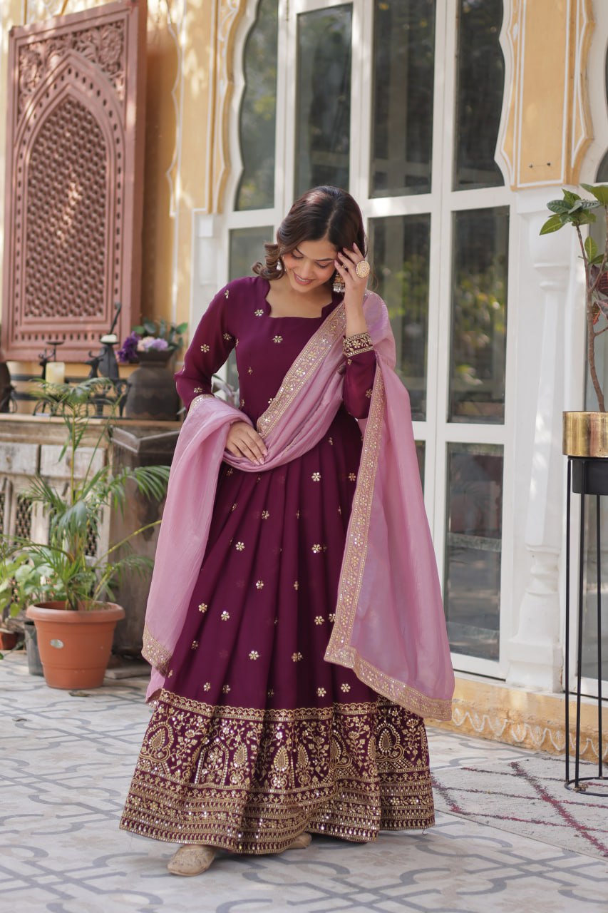 Designer Embroidery Work Wine Color Gown