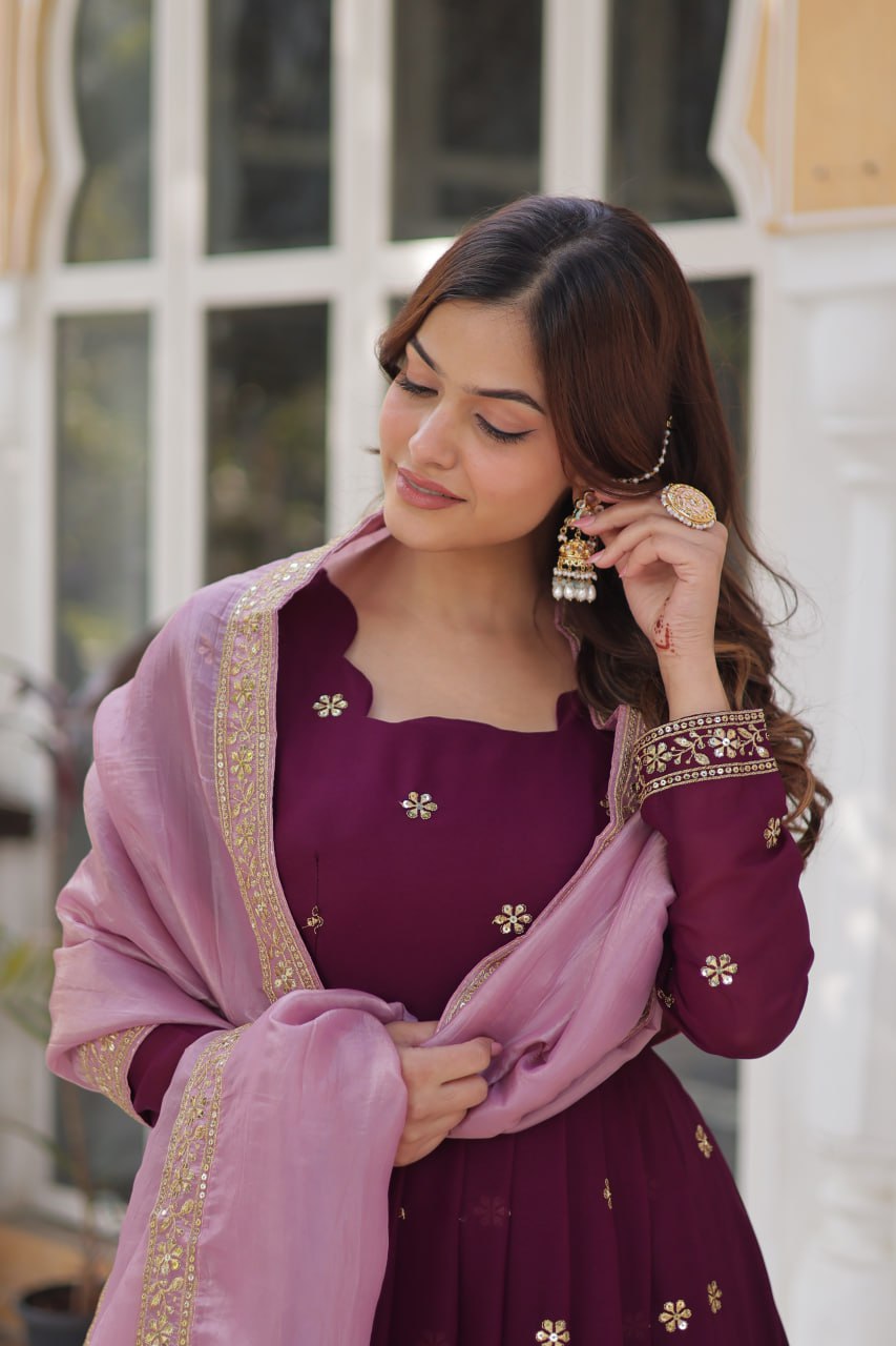 Designer Embroidery Work Wine Color Gown