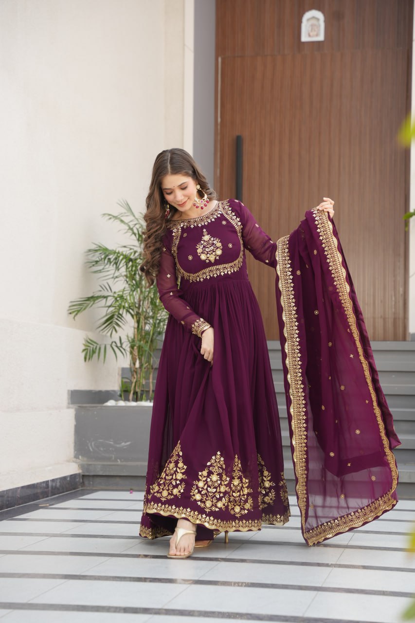 Beautiful Wine Color Heavy Gown With Dupatta