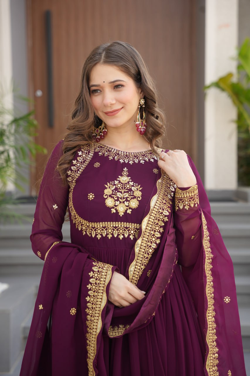 Beautiful Wine Color Heavy Gown With Dupatta