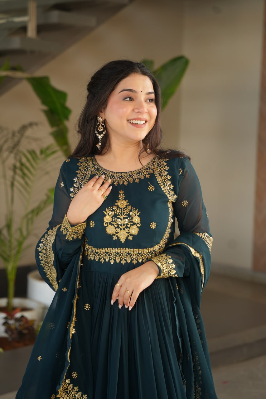 Beautiful Rama Color Heavy Gown With Dupatta