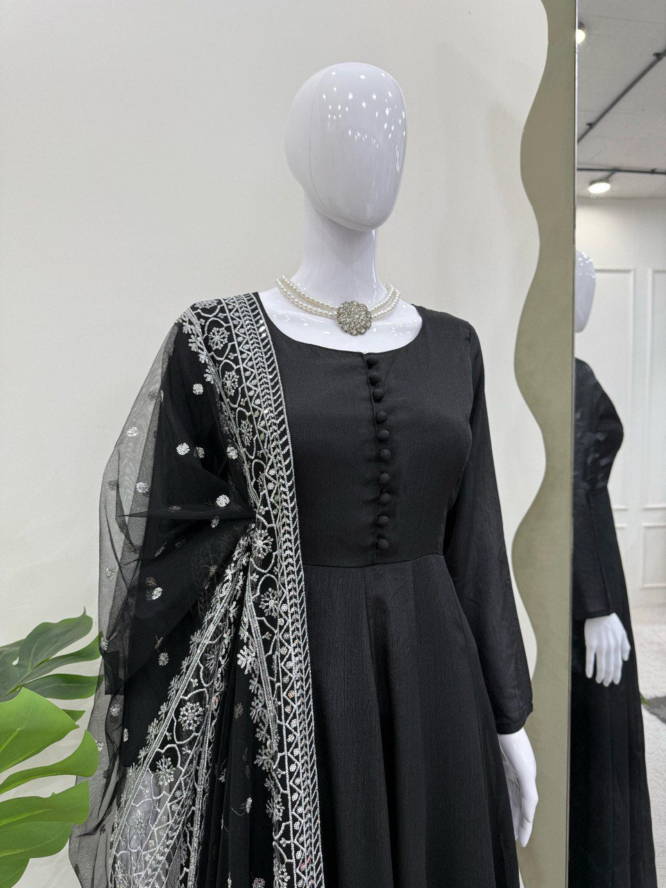 Demanding Chinon Silk Black Color Gown