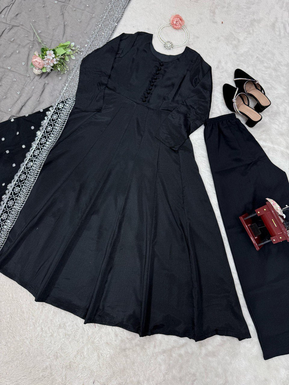 Demanding Chinon Silk Black Color Gown