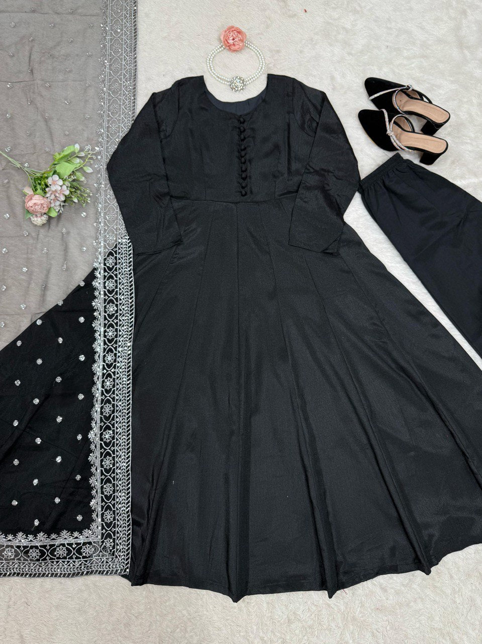 Demanding Chinon Silk Black Color Gown
