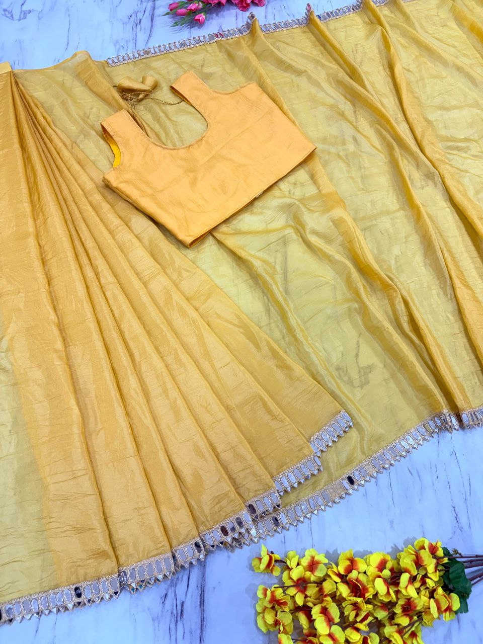 Function Wear Gold Crush With Work Yellow Color Saree