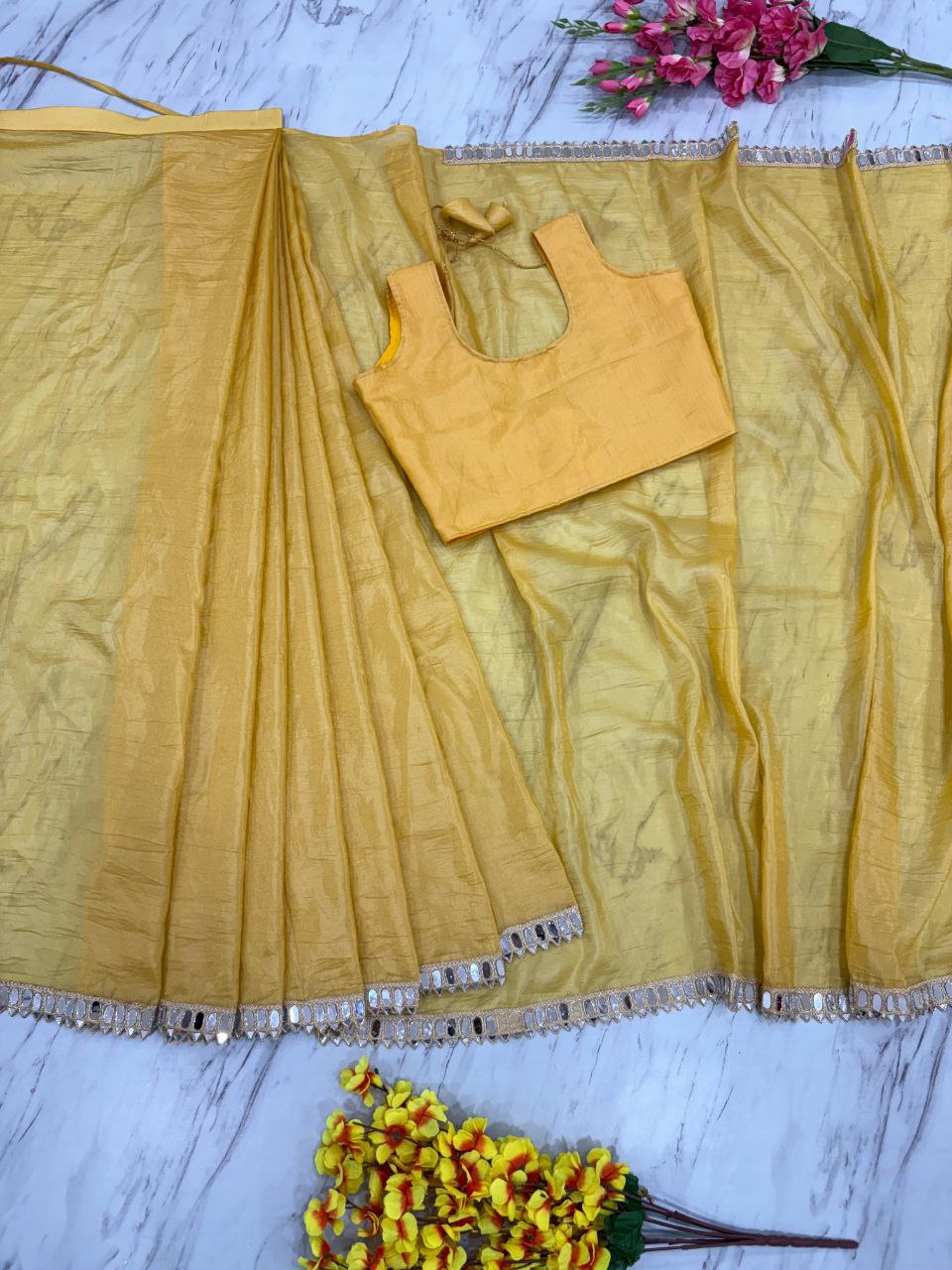 Function Wear Gold Crush With Work Yellow Color Saree