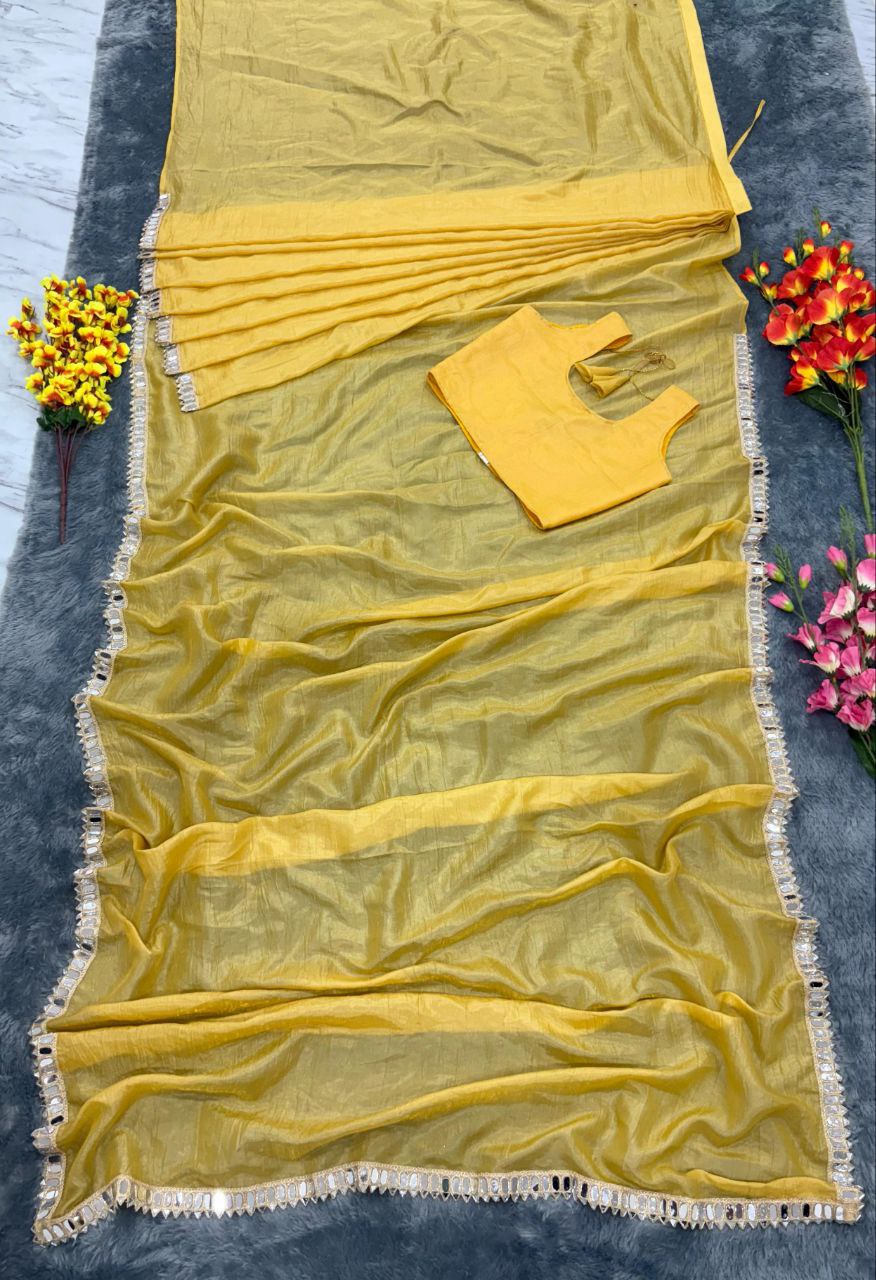 Function Wear Gold Crush With Work Yellow Color Saree