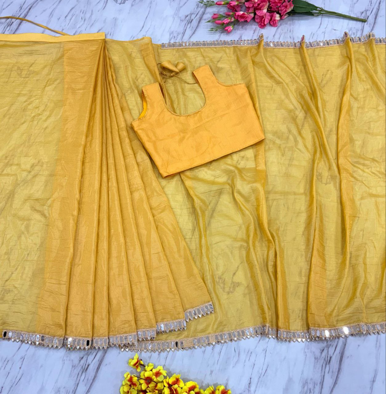 Function Wear Gold Crush With Work Yellow Color Saree