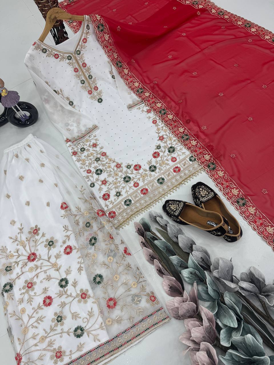 Awesome White Color Work Sharara Suit With Red Dupatta