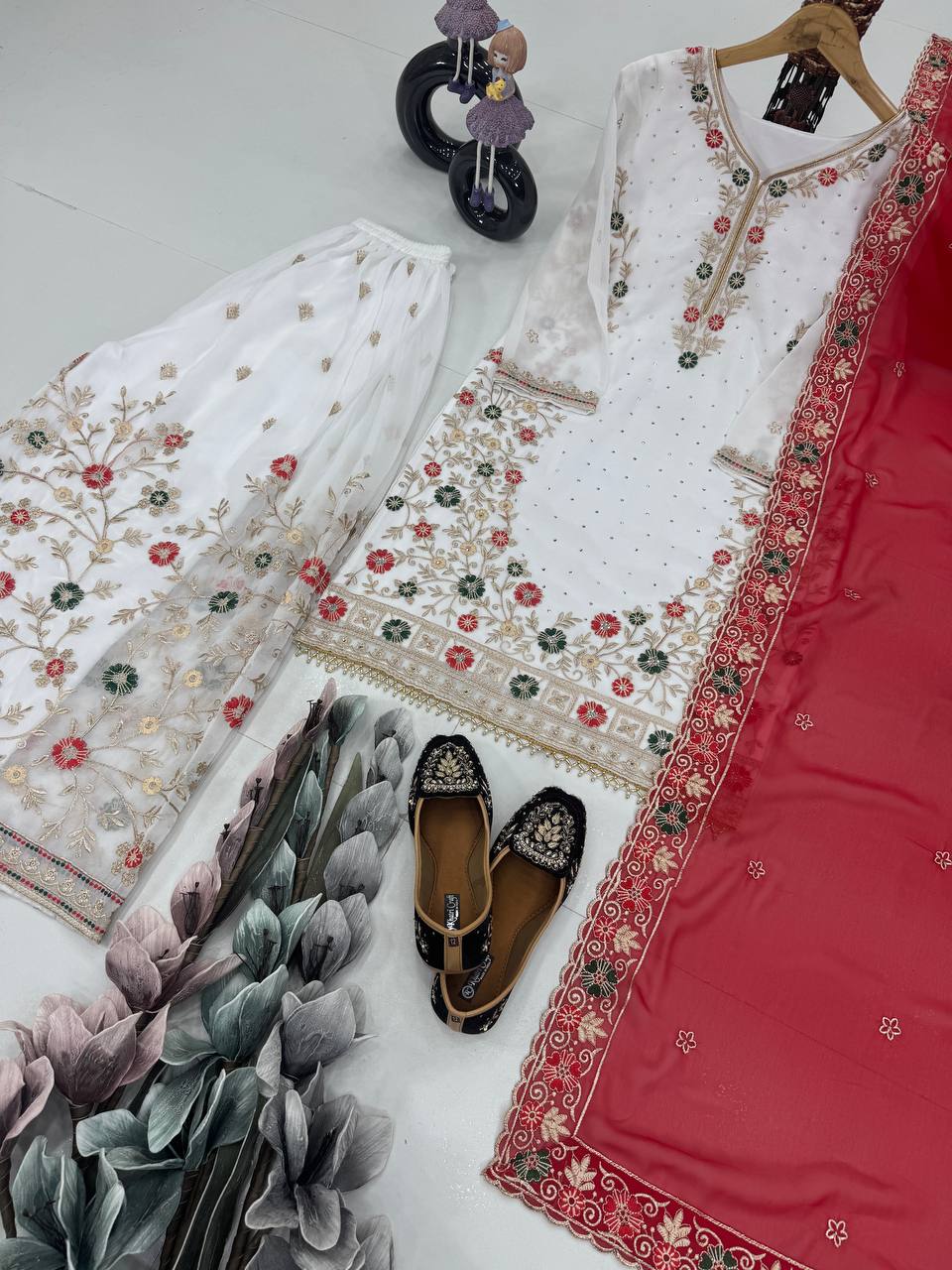 Awesome White Color Work Sharara Suit With Red Dupatta