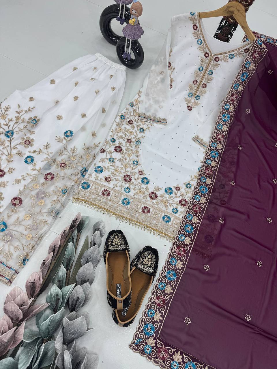 Awesome White Color Work Sharara Suit With Wine Dupatta