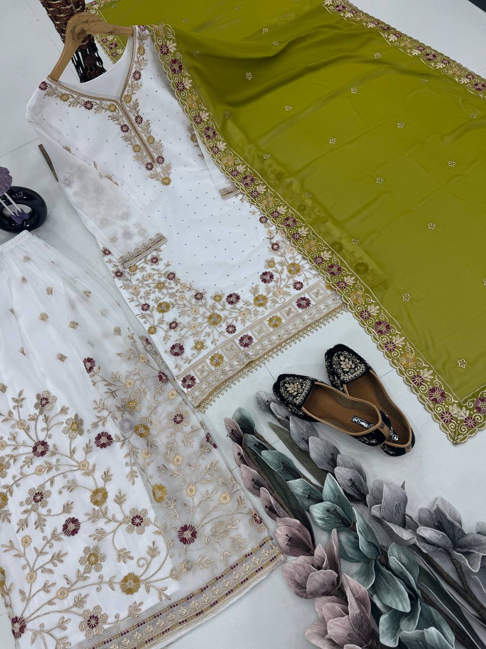 Awesome White Color Work Sharara Suit With Green Dupatta