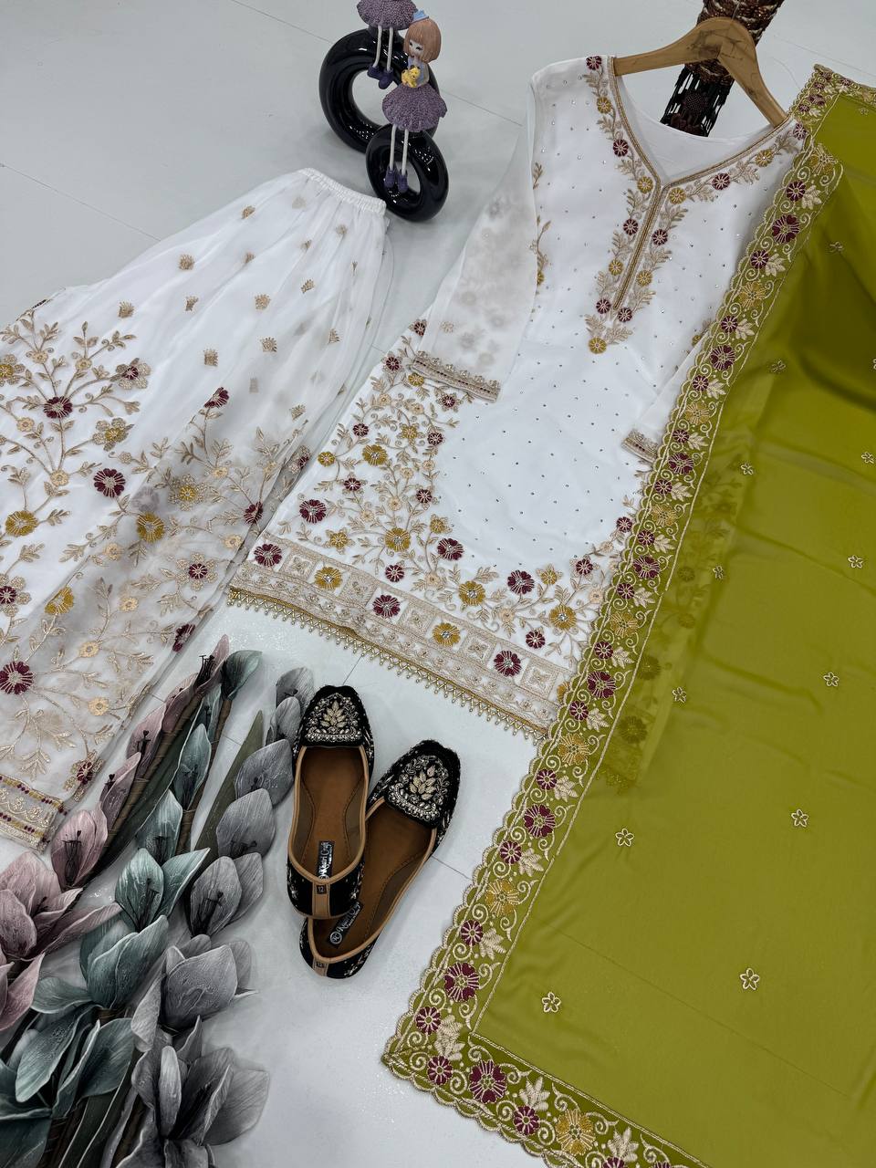 Awesome White Color Work Sharara Suit With Green Dupatta