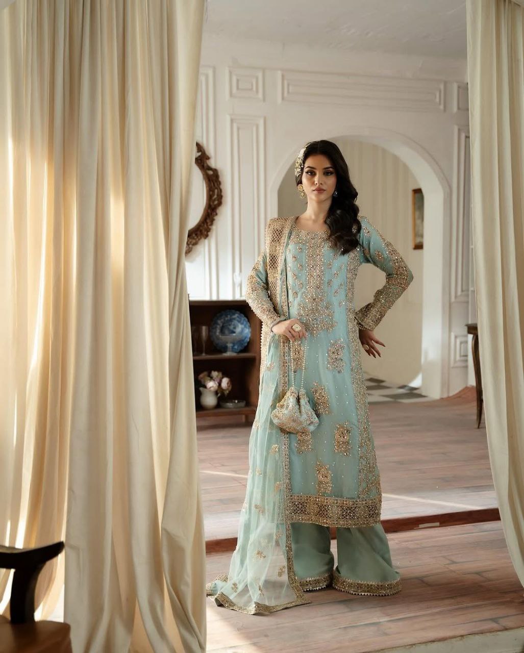 Festive Wear Sequence Work Sky Blue Color Sharara Suit