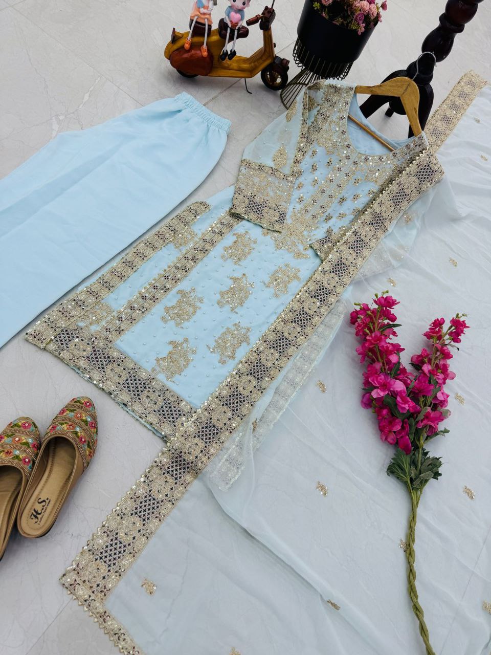 Festive Wear Sequence Work Sky Blue Color Sharara Suit