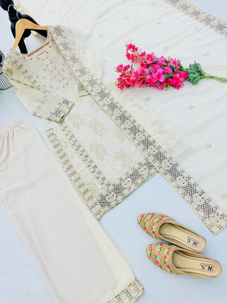 Festive Wear Sequence Work White Blue Color Sharara Suit