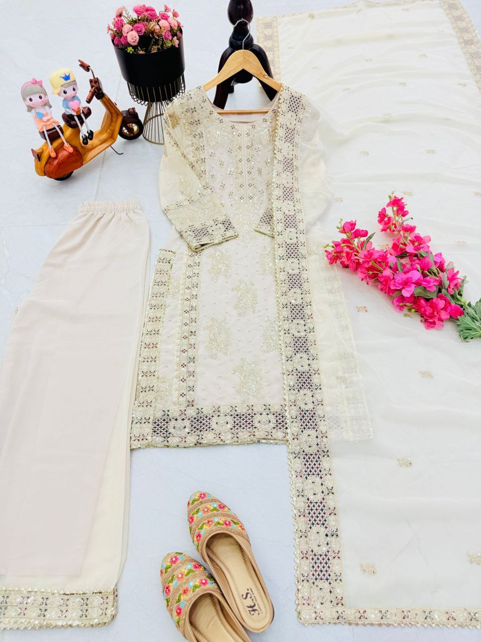 Festive Wear Sequence Work White Blue Color Sharara Suit