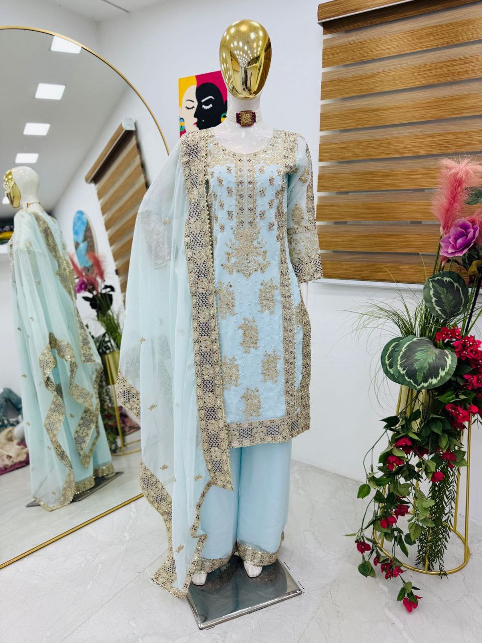 Festive Wear Sequence Work Sky Blue Color Sharara Suit