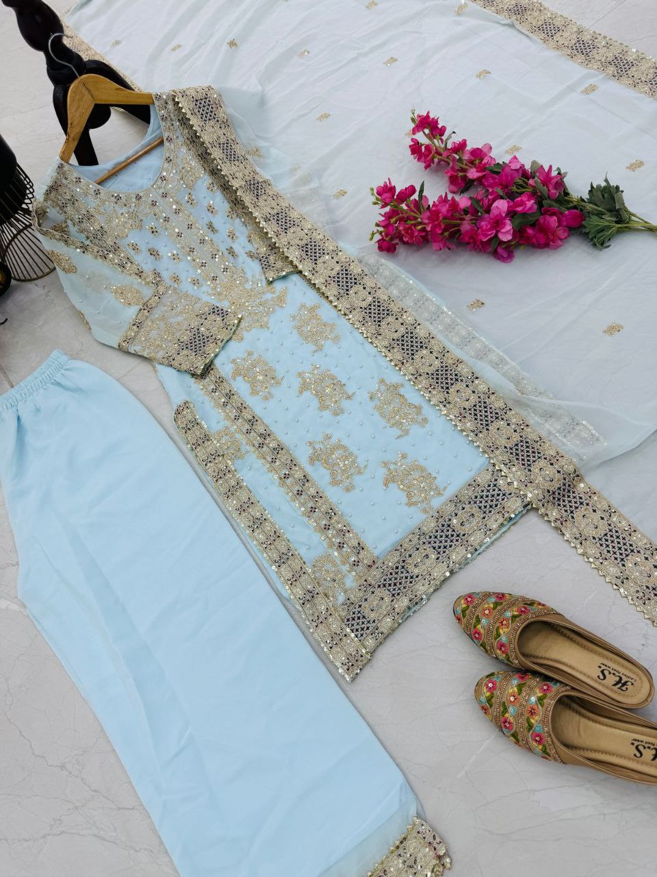 Festive Wear Sequence Work Sky Blue Color Sharara Suit