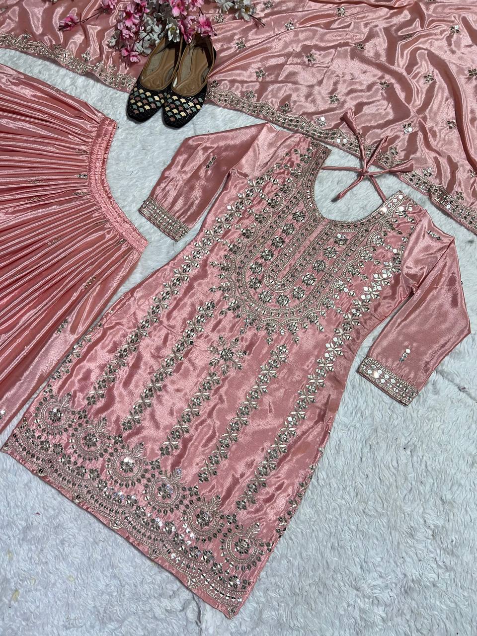 Demanding Embroidery Work Peach Color Sharara Suit