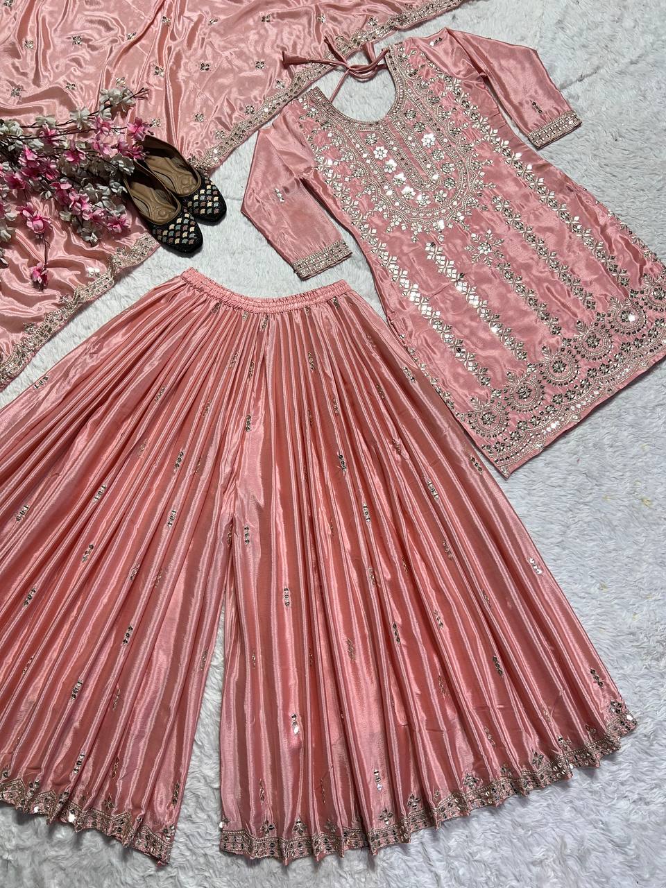 Demanding Embroidery Work Peach Color Sharara Suit