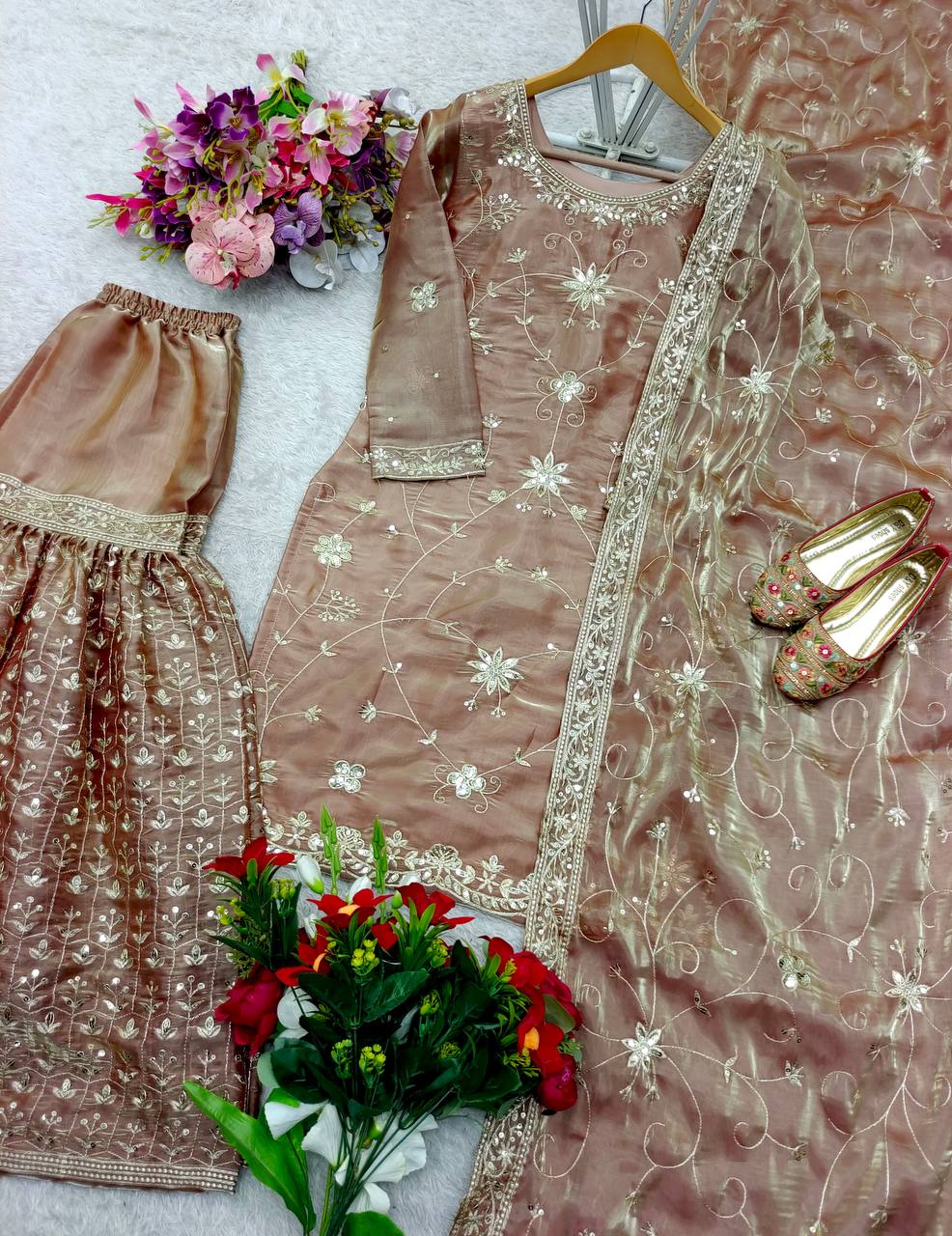 Preferable Heavy Work Peach Color Shining Sharara Suit