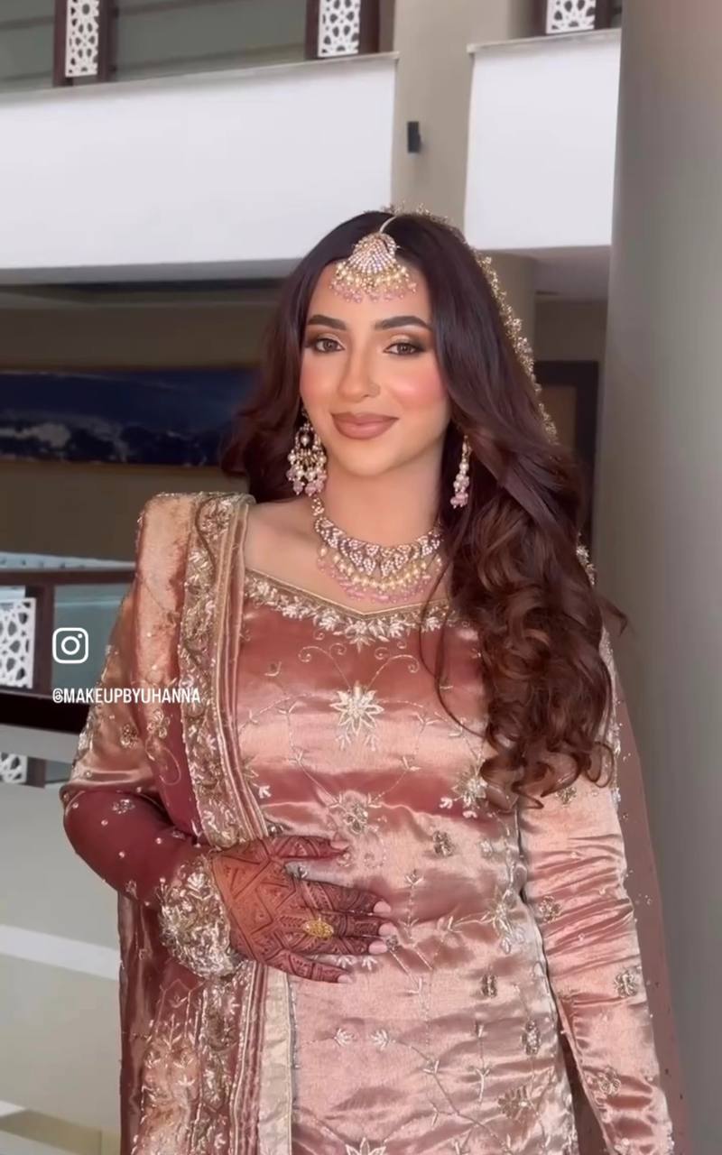 Preferable Heavy Work Peach Color Shining Sharara Suit