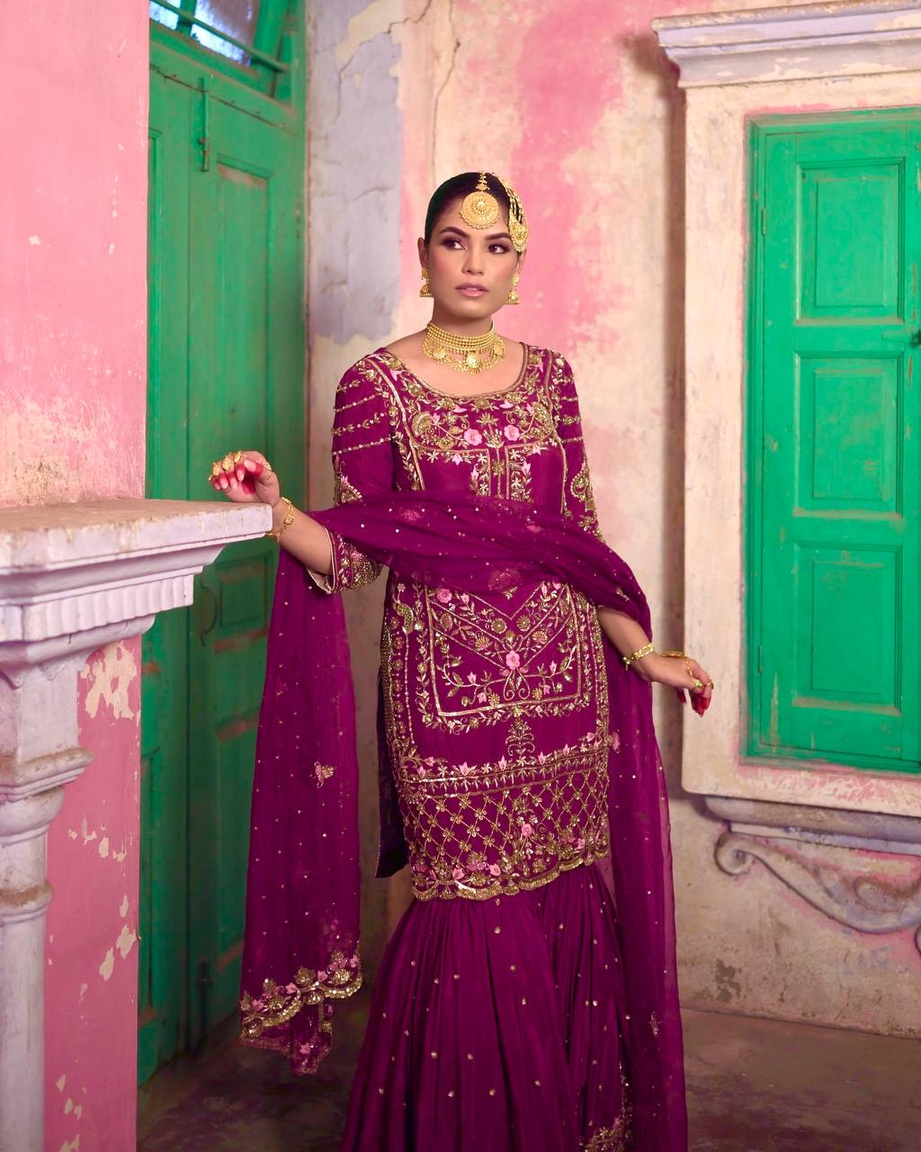 Captivating Chinno Silk Wine Color Sharara Suit