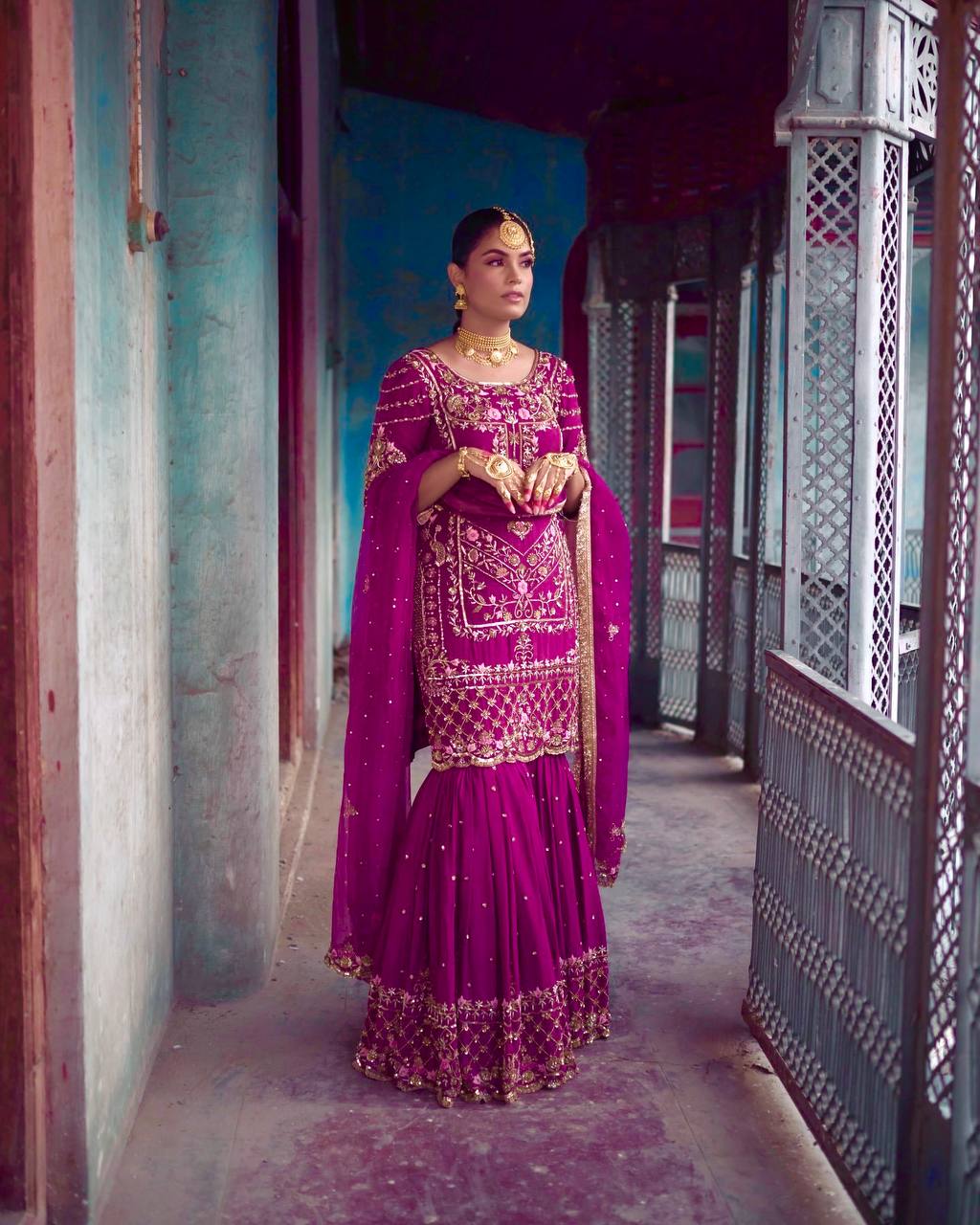 Captivating Chinno Silk Wine Color Sharara Suit