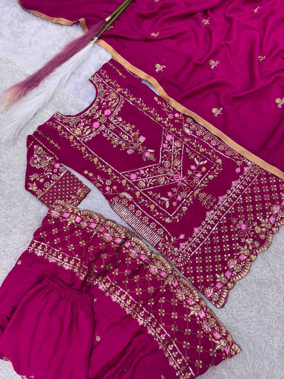Captivating Chinno Silk Wine Color Sharara Suit