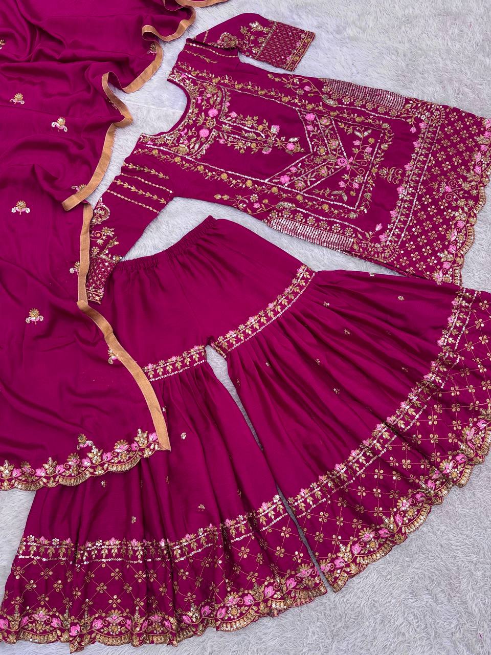 Captivating Chinno Silk Wine Color Sharara Suit
