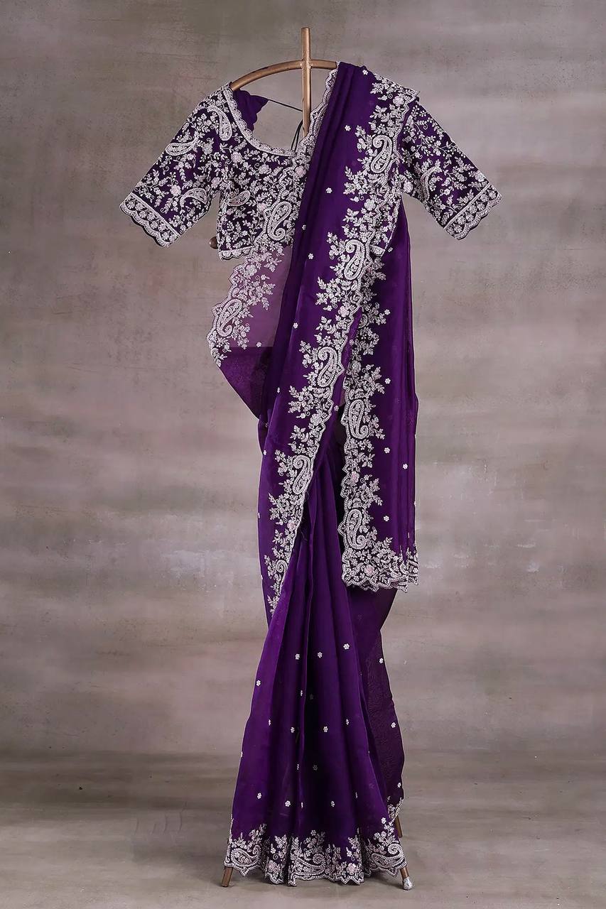 Designer Embroidery Work Purple Color Saree