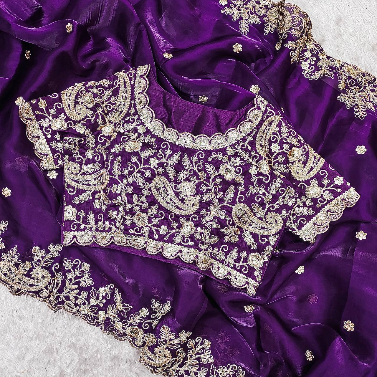 Designer Embroidery Work Purple Color Saree