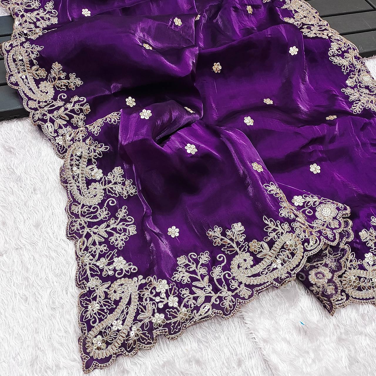 Designer Embroidery Work Purple Color Saree