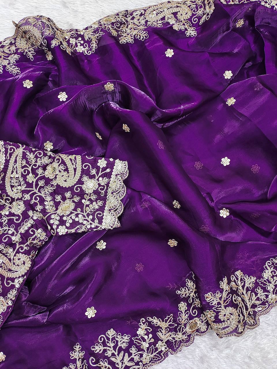 Designer Embroidery Work Purple Color Saree