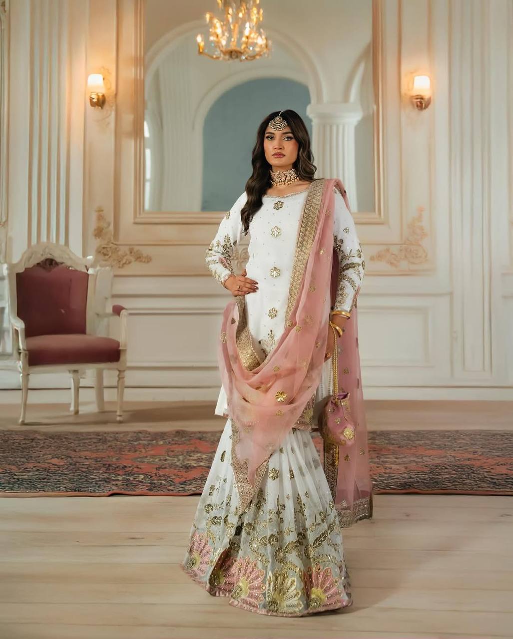 Good Looking Heavy Work White Color Sharara Suit