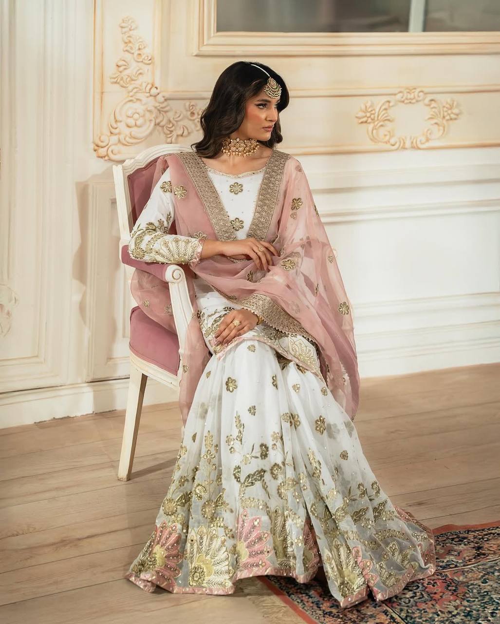 Good Looking Heavy Work White Color Sharara Suit