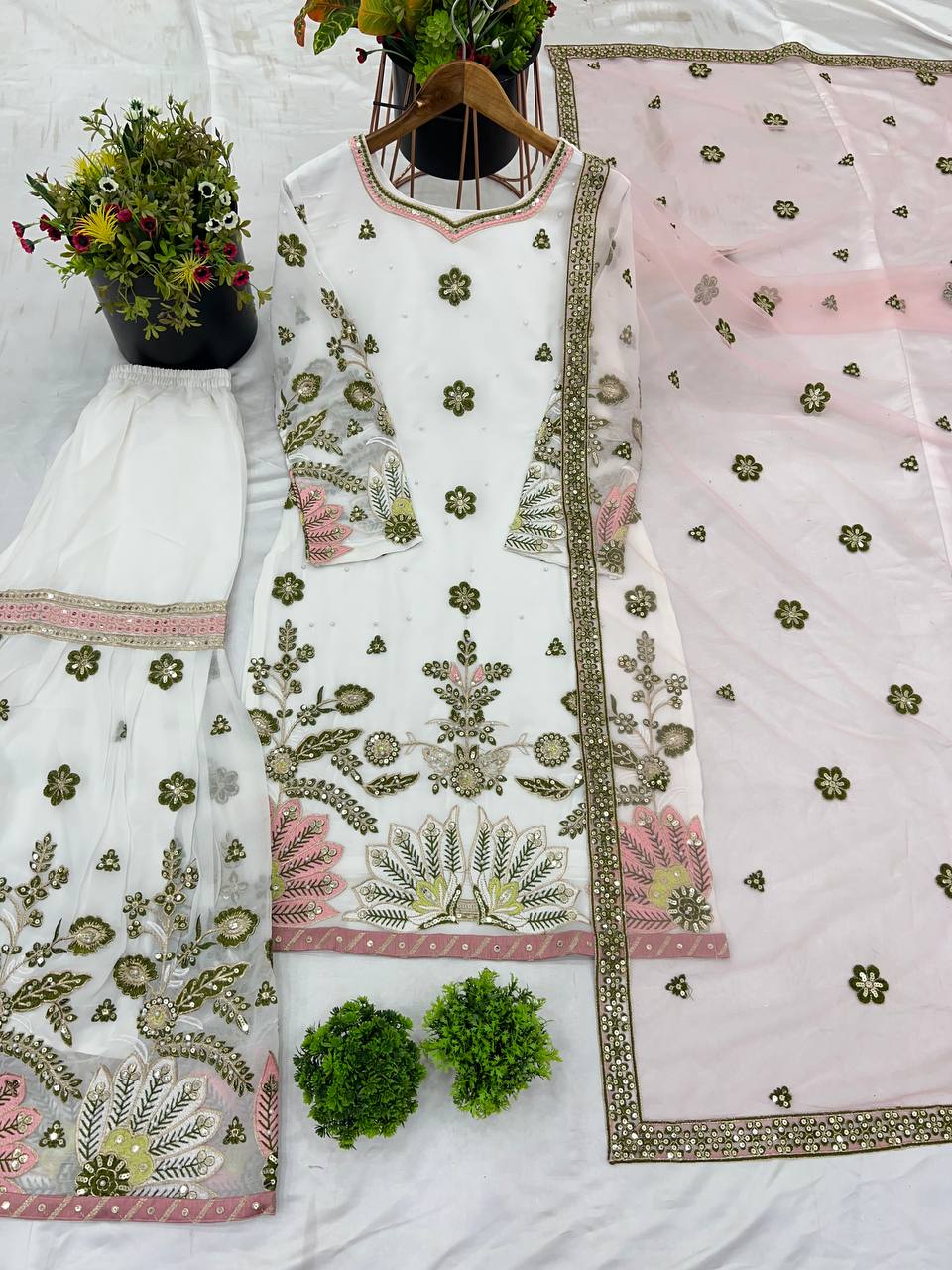 Good Looking Heavy Work White Color Sharara Suit